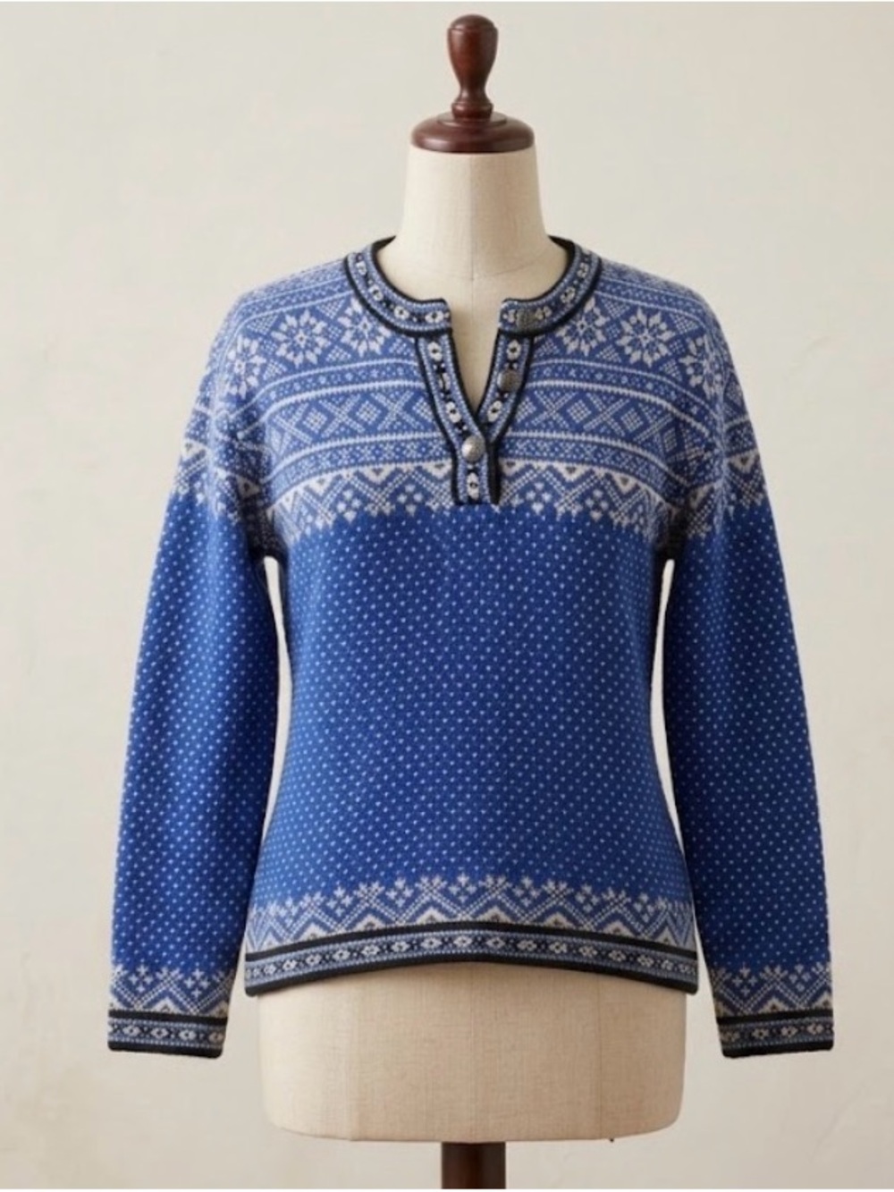 LL Bean Merino Lambswool Nordic Snowflake Fair Isle Henley Sweater Alpine Ski L